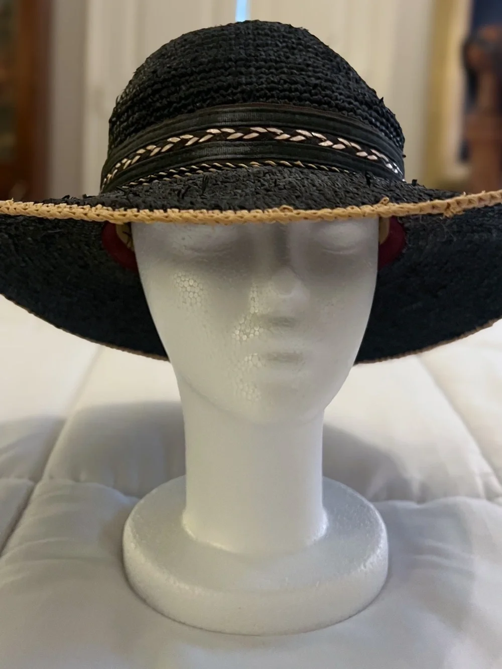 Scala Black Wide-Brim Straw Sun Hat with Braided Trim